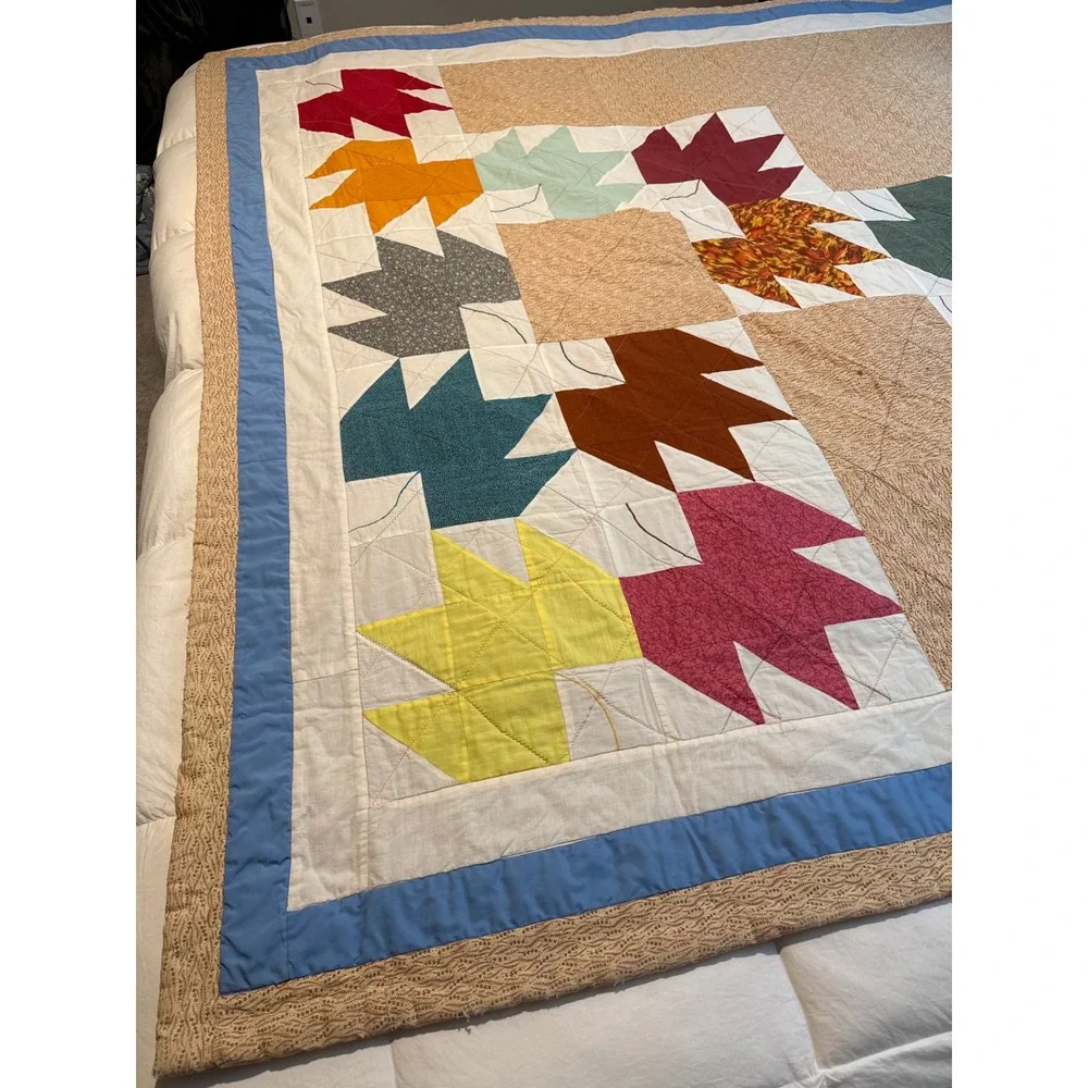 Antique Handmade Maple Leaf Quilt Queen 75x73 Patchwork Cotton Autumn Fall Read